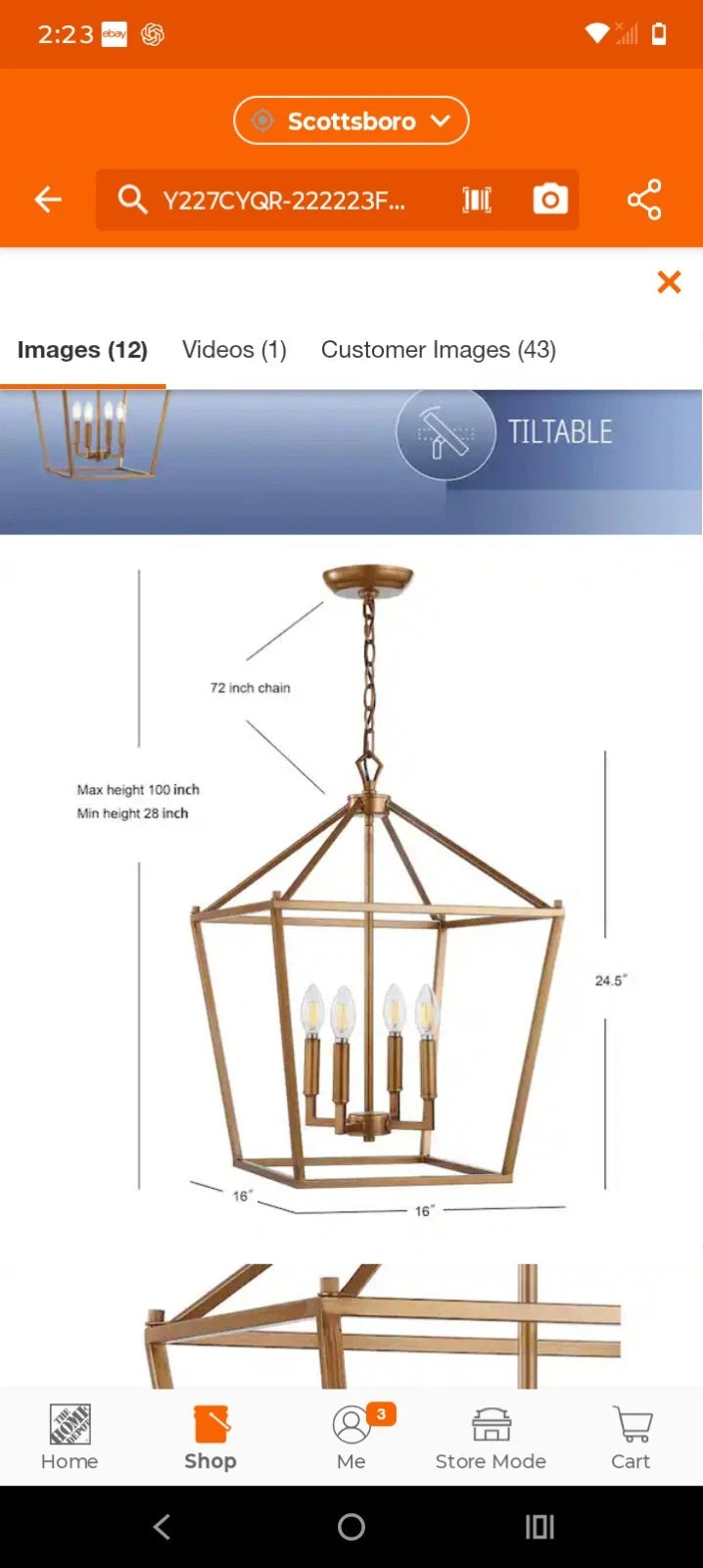 Pagoda 16 in. 4-Bulb Antique Gold Lantern Metal LED Pendant Open Box