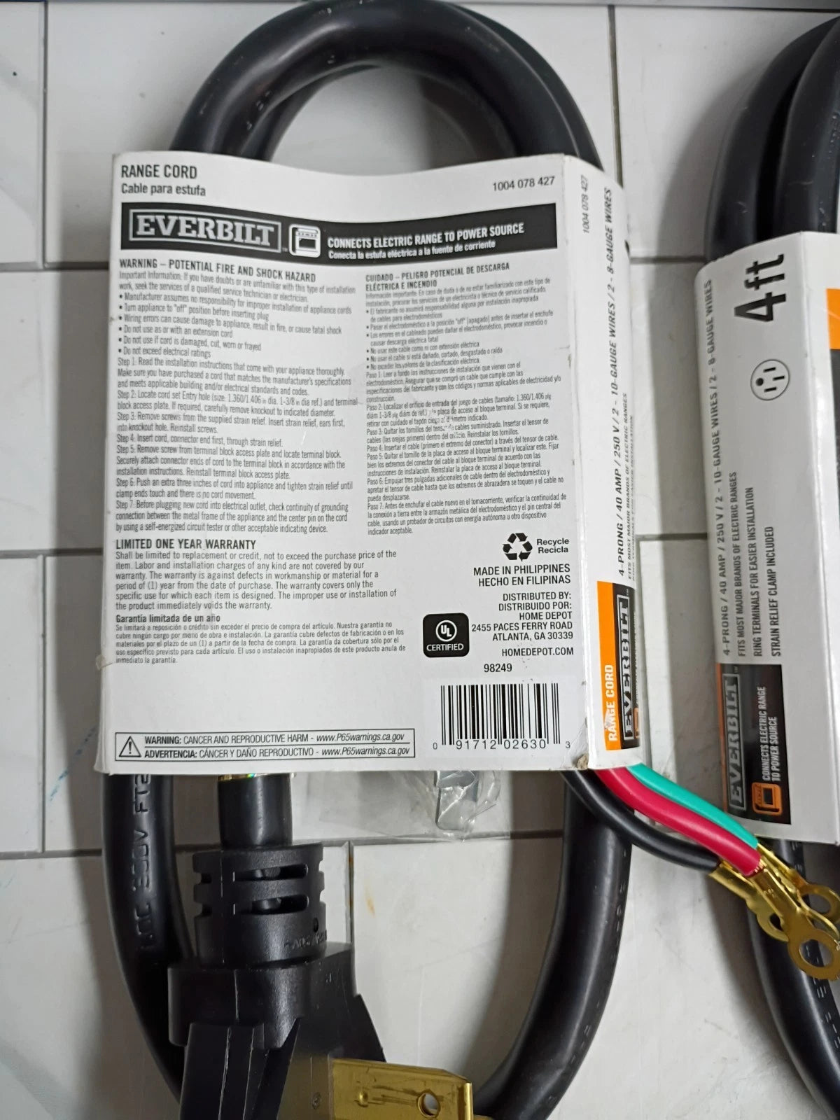8pk Everbilt 4 ft. 4-Prong 40 Amp Range Cord 1004 078 427 Open Box