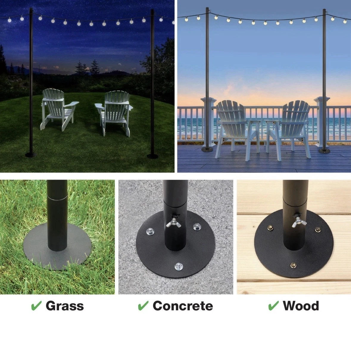 EXCELLO GLOBAL PRODUCTS Bistro String Light Poles - 4 Pack - Extends to 10ft,