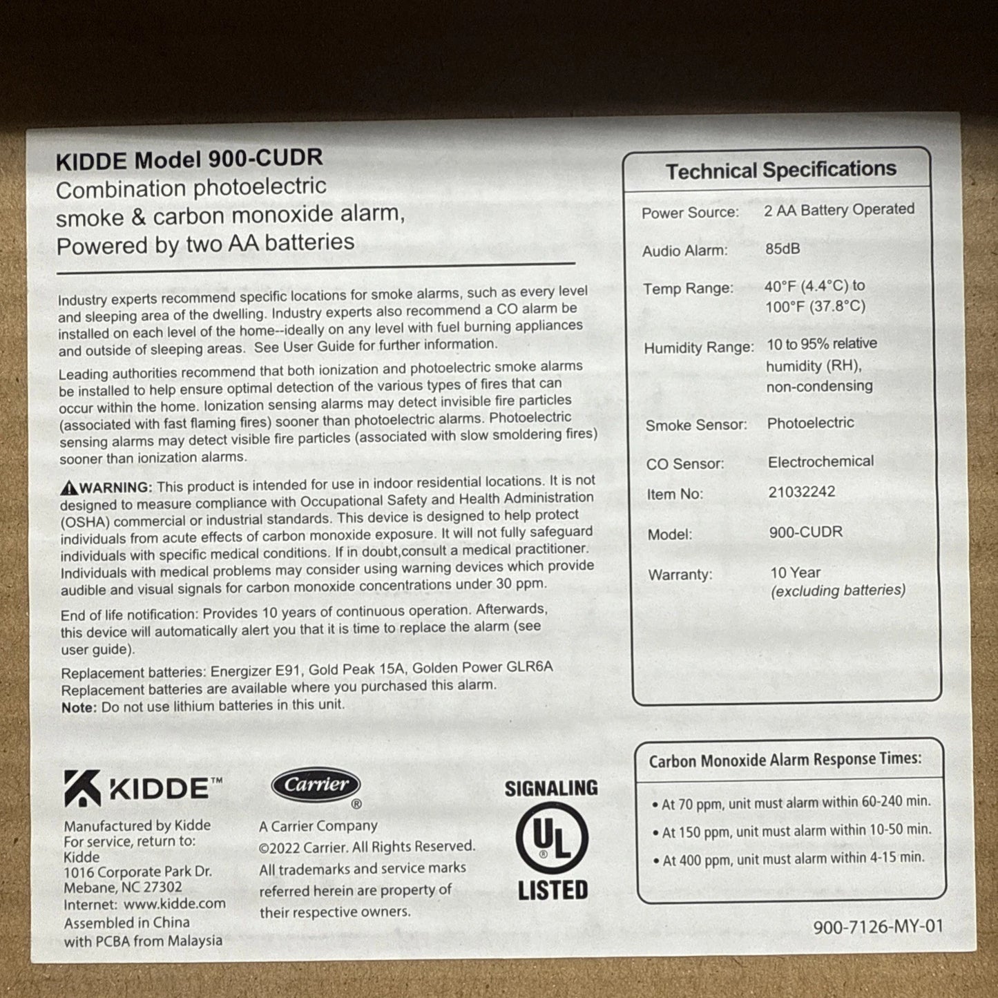 Kidde Smoke & CO Detector, AA Battery, LED, Apr 2023 (900-CUDR)