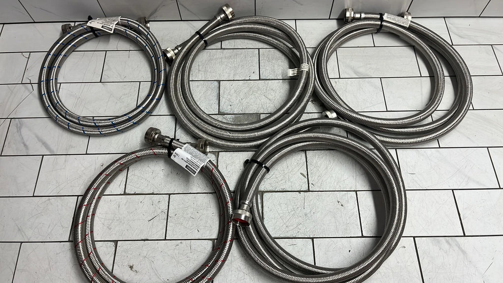 5 single assorted stainless washing machine supply lines 5-6’ long new open box