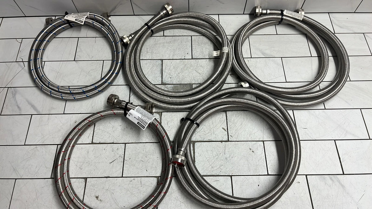 5 single assorted stainless washing machine supply lines 5-6’ long new open box