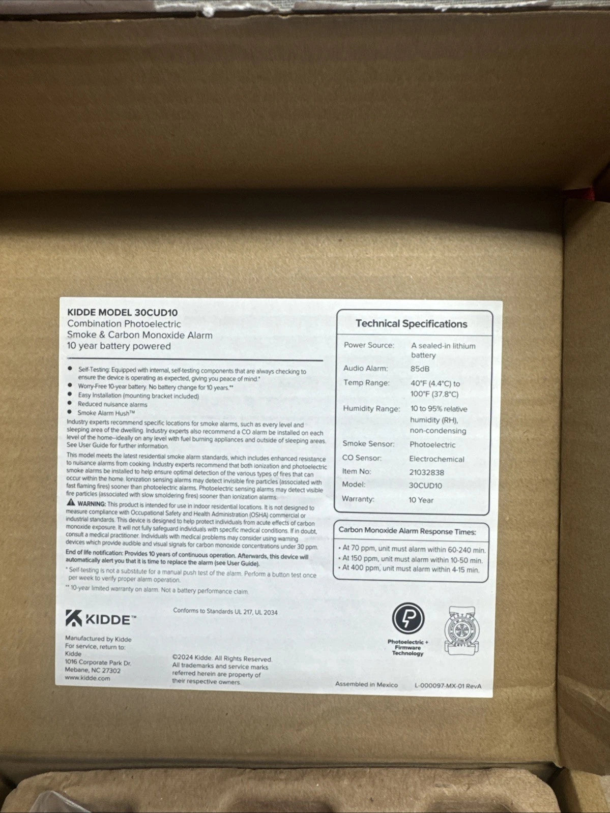 Kidde Smoke & CO Detector, 10-Year Battery, LED Warning Indicators 30CUD10,