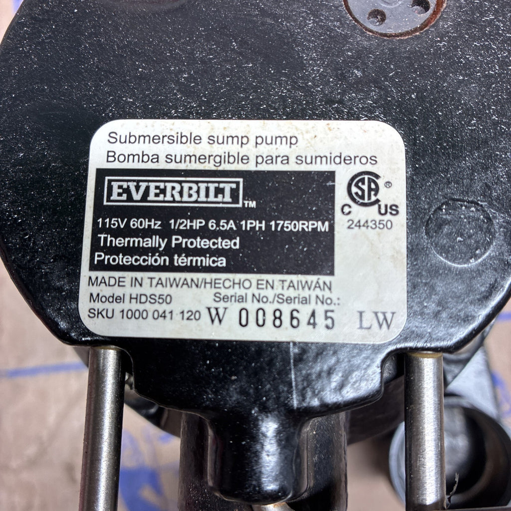Everbilt HDS50 1/2 HP Cast Iron Pro Grade Submersible Sump Pump USED WORKS.