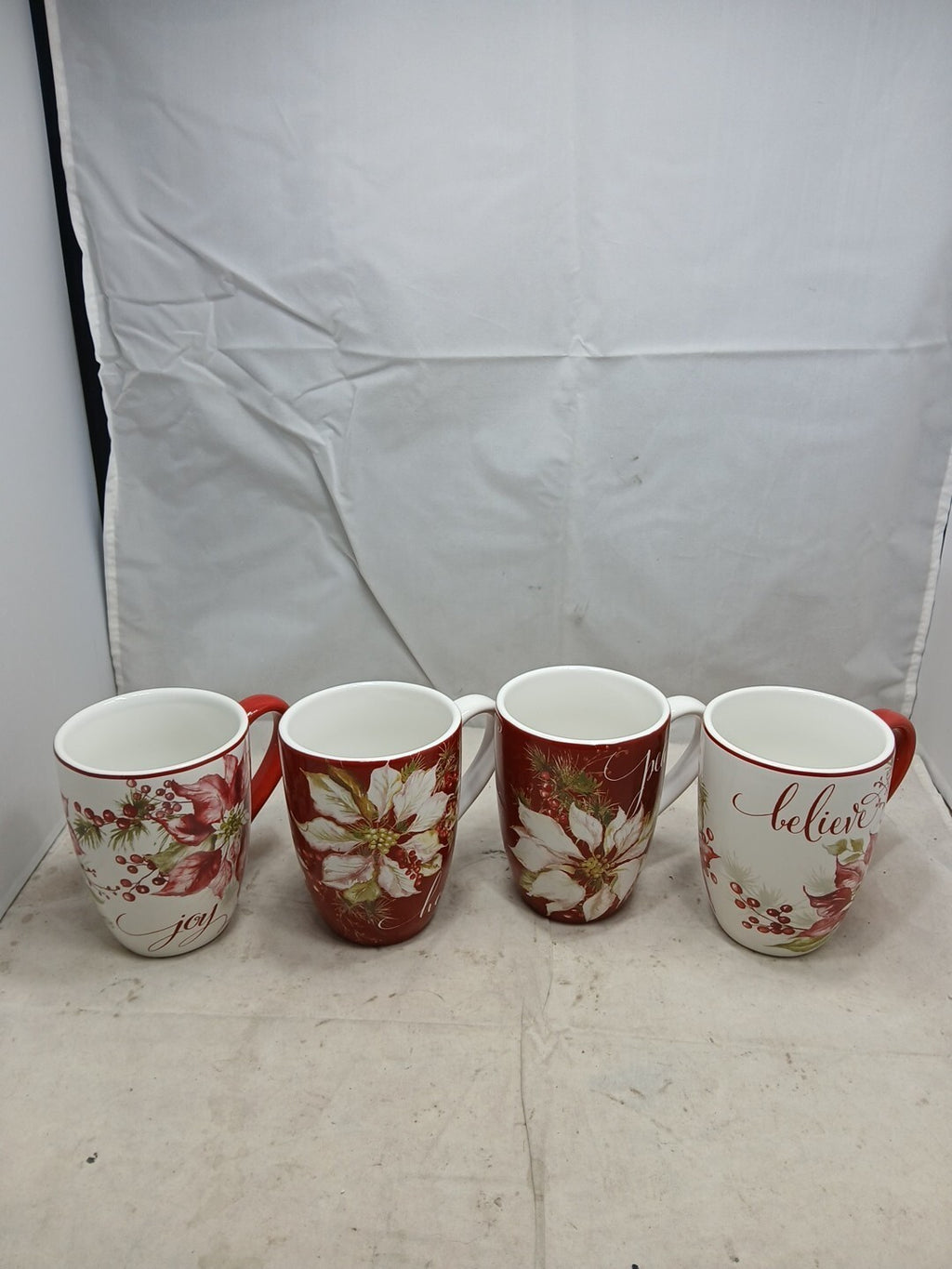Certified International Winters Joy 22oz Mugs Set 4 Peace,Believe,Hope,Joy NWT