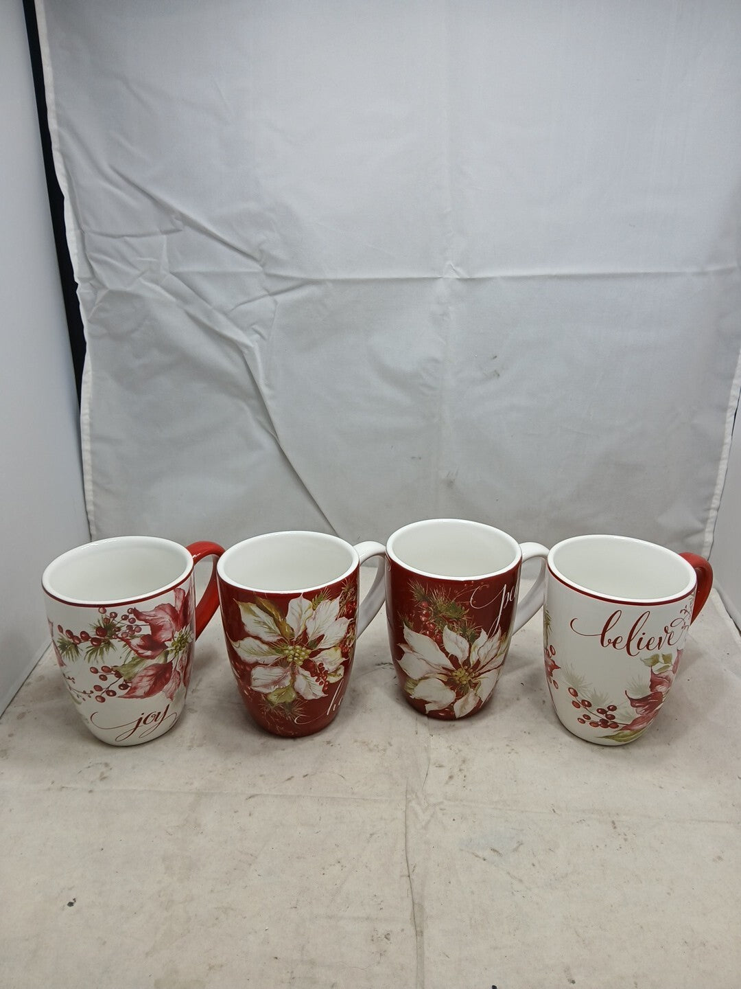 Certified International Winters Joy 22oz Mugs Set 4 Peace,Believe,Hope,Joy NWT