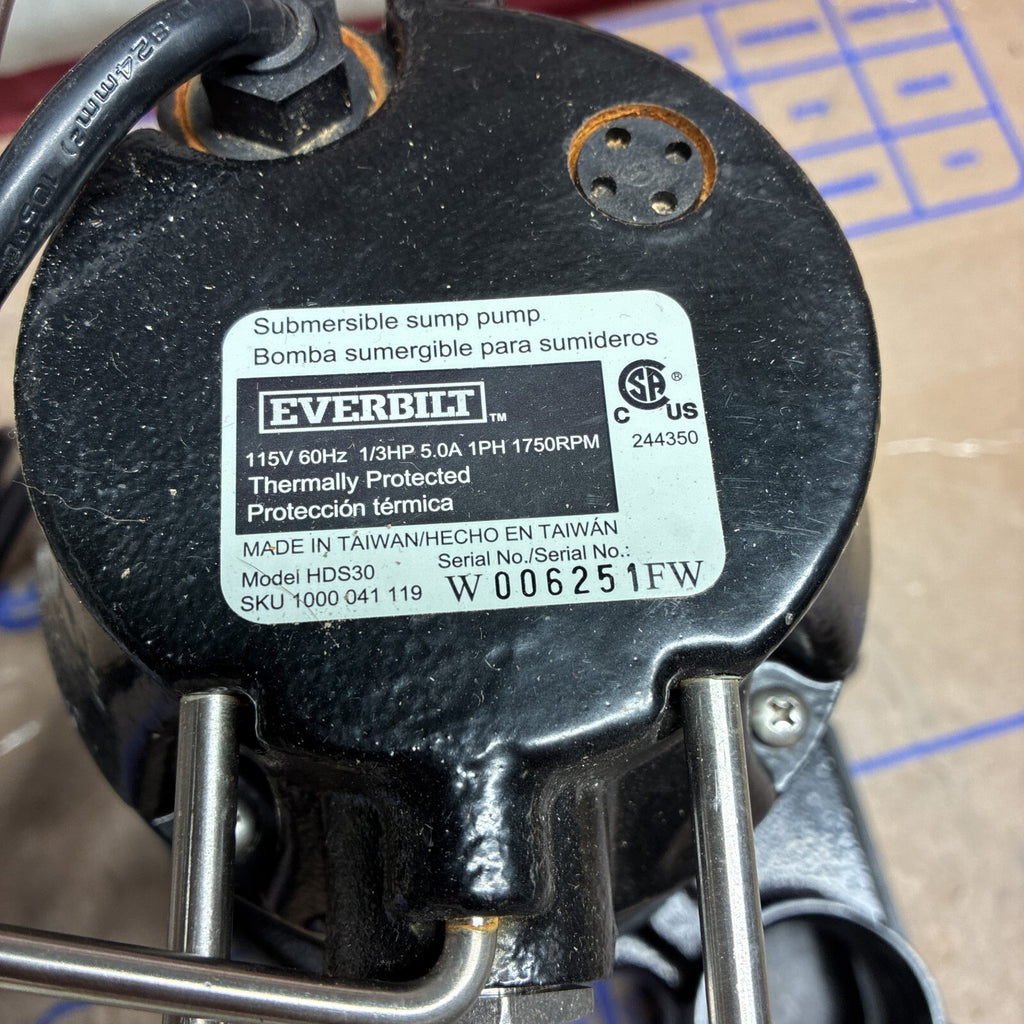Everbilt HDS30 1/3 HP Cast Iron Submersible Sump Pump USED GOOD CONDITION