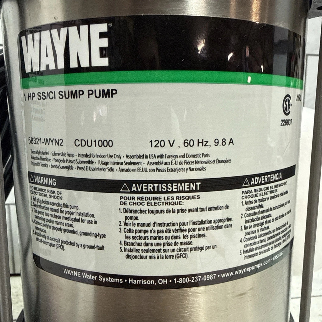 Wayne CDU1000 - 1HP Submersible Sump Pump Stainless Steel & Cast Iron 6100GPH