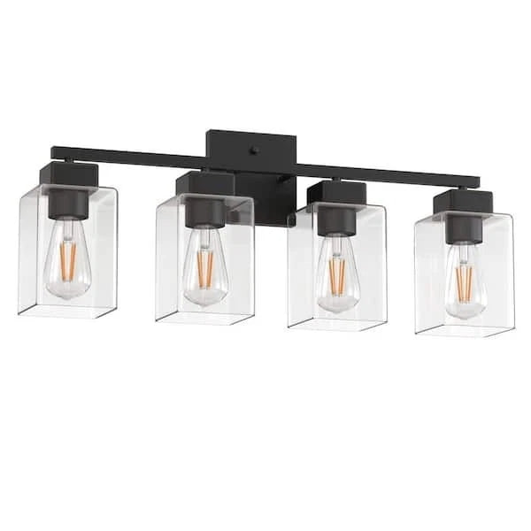 25 in. 4-Light Matte Black Vanity Light with Square Glass Shades-Modern Bathroom
