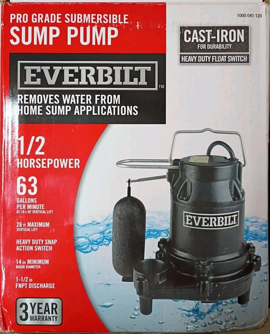 Everbilt HDS50 1/2 HP Cast Iron Sump Pump Model OPEN BOX.