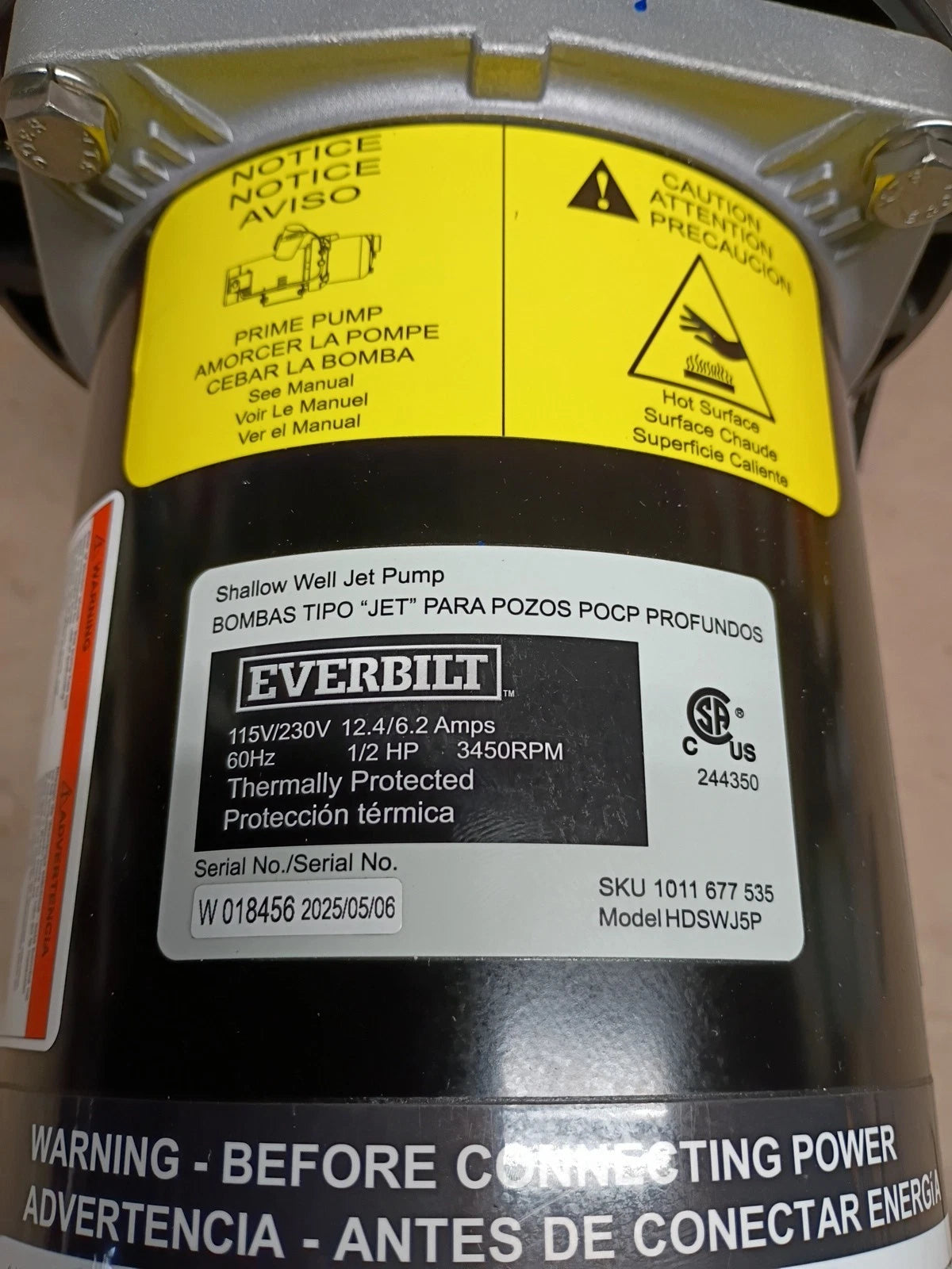 Everbilt 1/2 HP Shallow Well Jet Pump, Open Box,