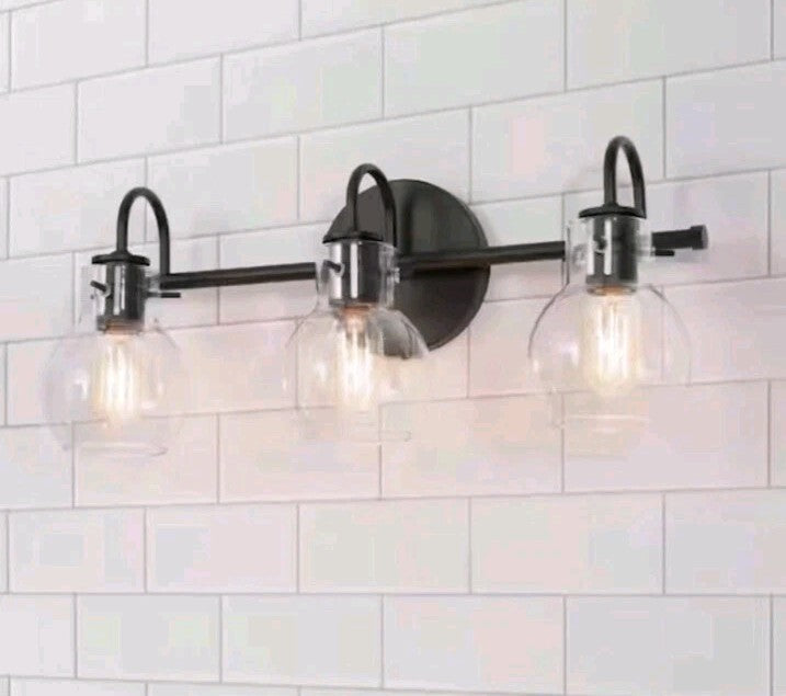 LNC A04099 3-Light 22" Black Bathroom Vanity Light Clear Globe Glass Shades OB