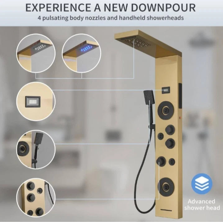 4Jet Rainfall Shower Panel System with Rainfall Waterfall Shower Head Black Gold