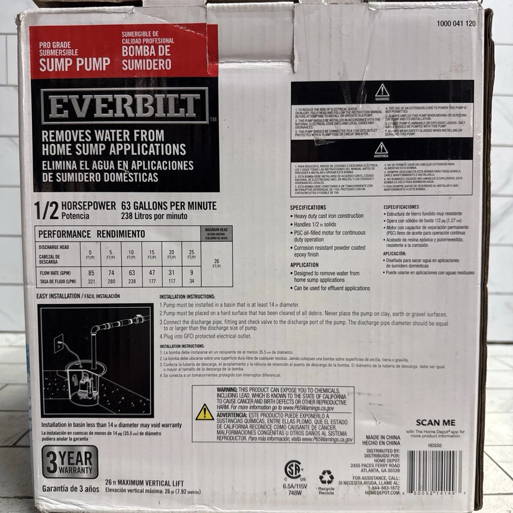 Everbilt HDS50 1/2 HP Cast Iron Pro Grade Submersible Sump Pump OPEN BOX.