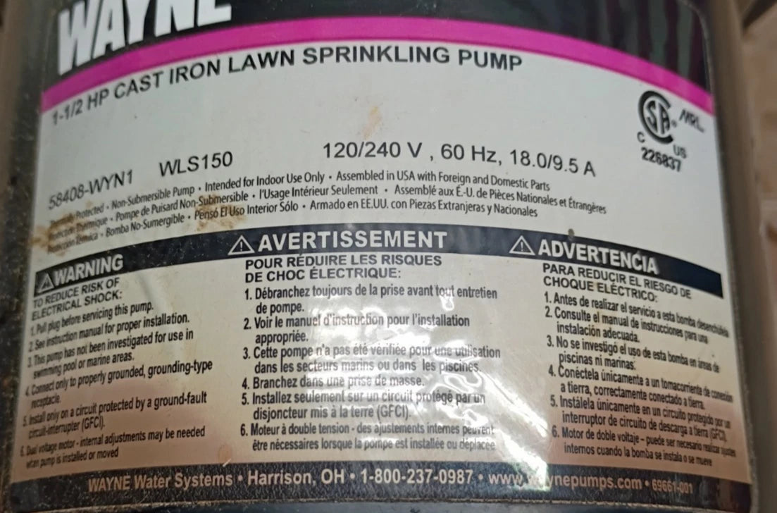 Wayne 1-1/2 HP Cast Iron Quick-Prime Lawn-Sprinkler Pump- Parts Only