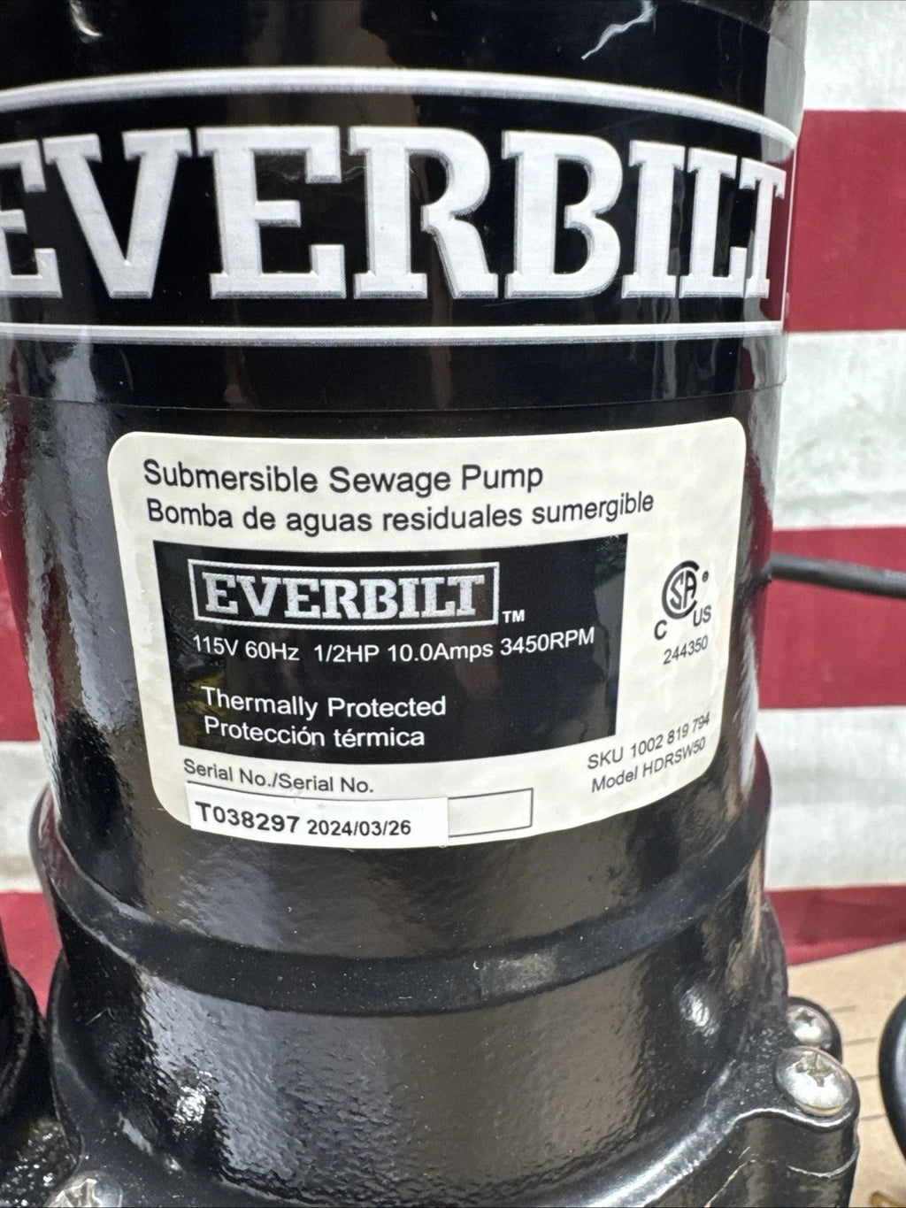 Everbilt 1/2 HP Submersible Sewage Ejector Pump (HDRSW50) with Tethered Switch