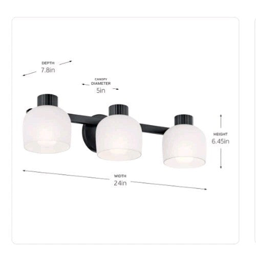 KICHLER 24" 3-Light Black Bathroom Vanity Light w/ Satin Etched White Glass OB