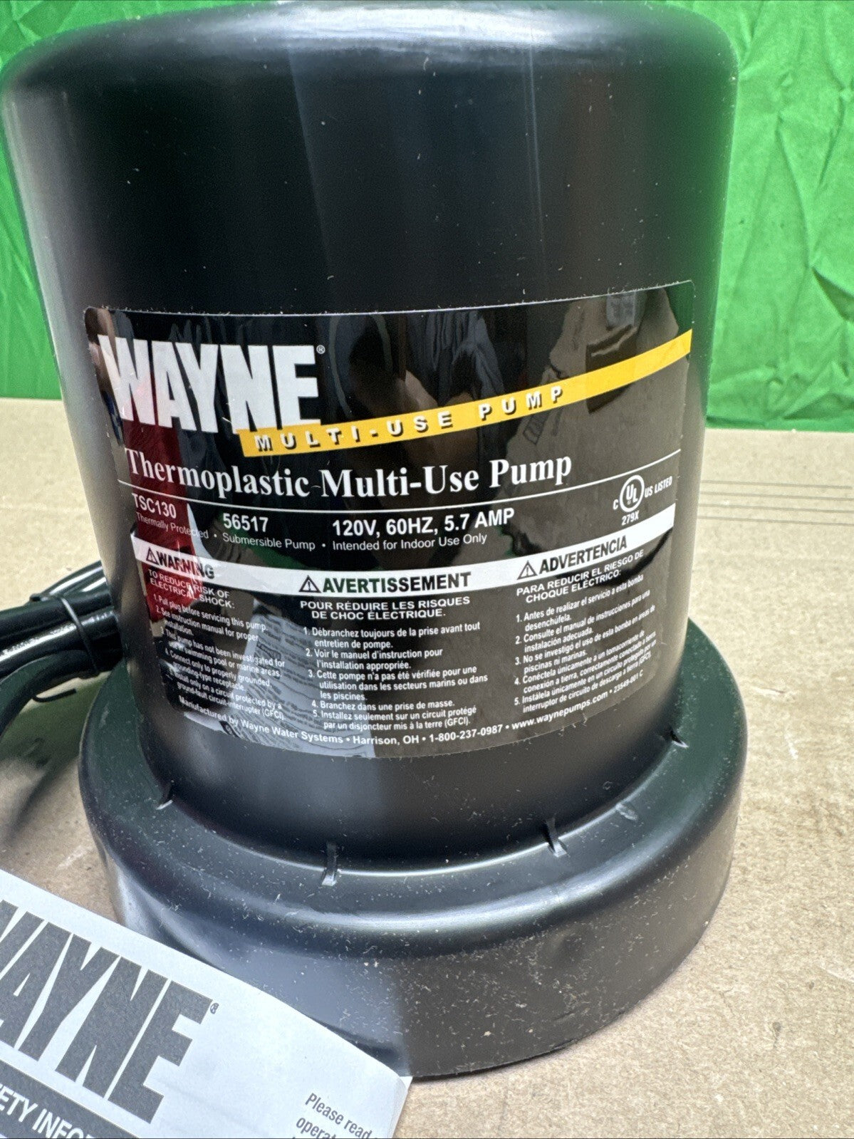 Wayne TSC130 Multi-Use pump 1000 Gallons/Hour Thermoplastic NEW OPEN BOX.