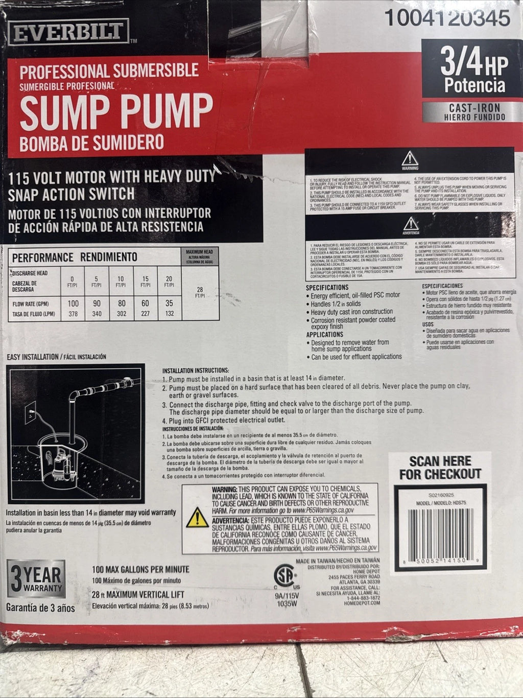 Everbilt HDS75 - 3/4HP Cast-Iron Pro-Grade Submersible Sump Pump New Open Box