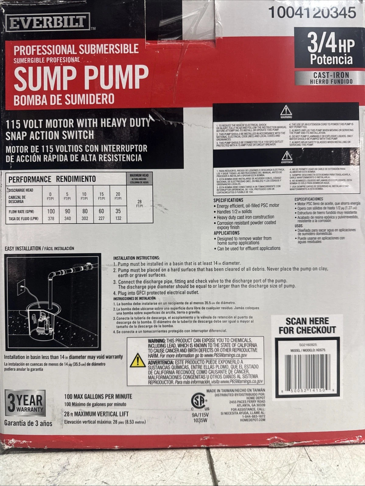 Everbilt HDS75 - 3/4HP Cast-Iron Pro-Grade Submersible Sump Pump New Open Box