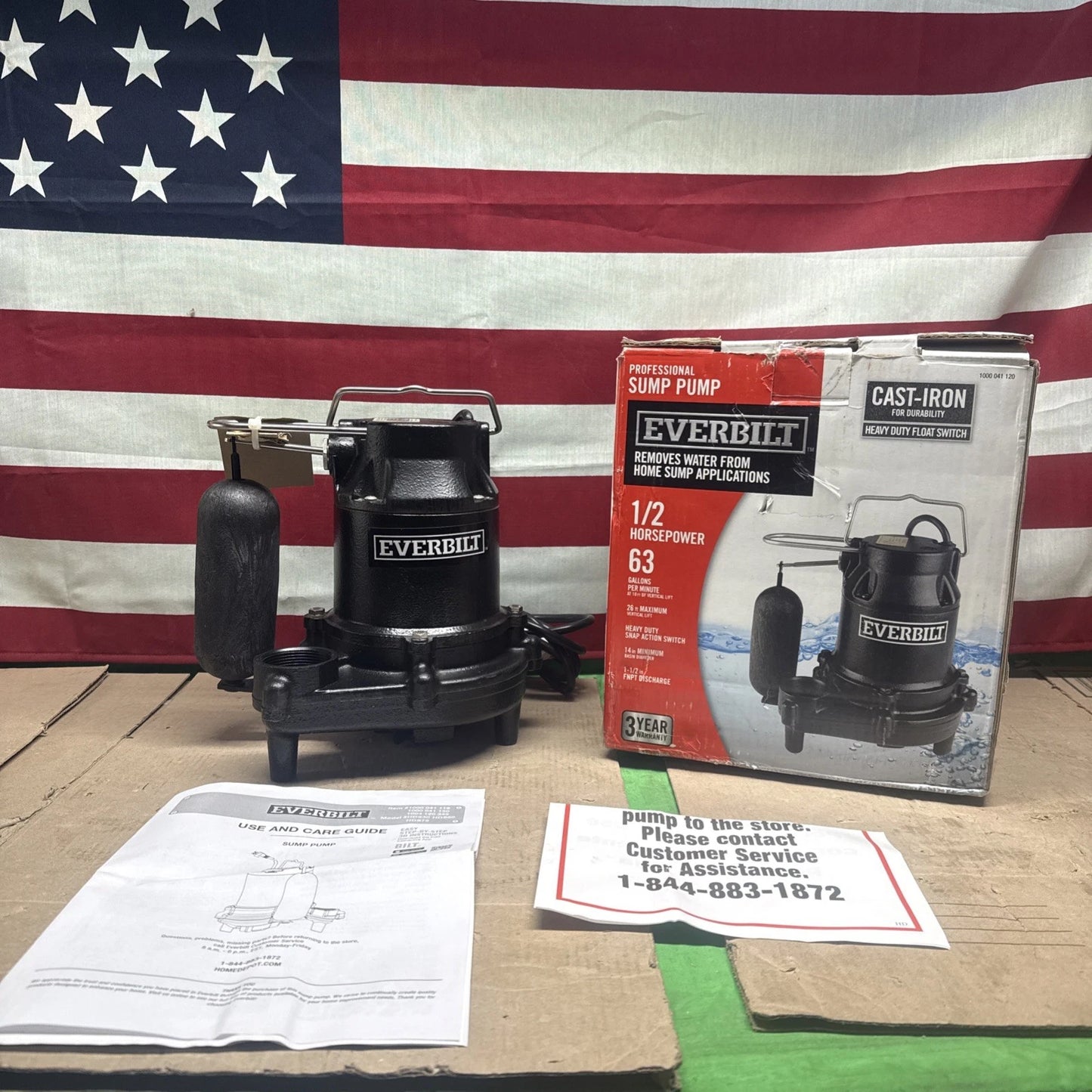 Everbilt 1/2 HP Cast Iron Sump Pump Model # HDS50 OPEN BOX.