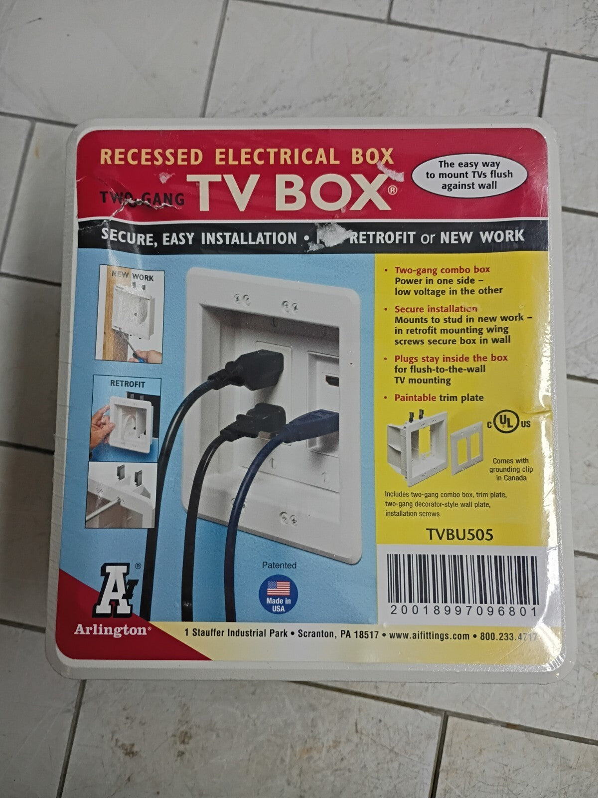 Arlington TVBU505-1 Recessed TV Box Wall Plate Kit Paintable 2-Gang, White New