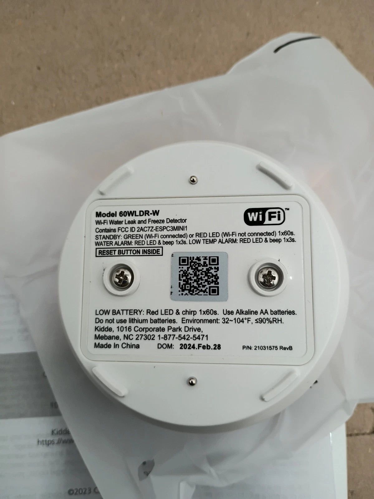 Kidde 60WLDR-W Smart Water Leak + Freeze Detector White WiFi Battery