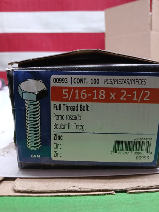 5/16"-18 x 2-1/2" Zinc Plated Steel Coarse Full Thread Hex Head Tap Bolts