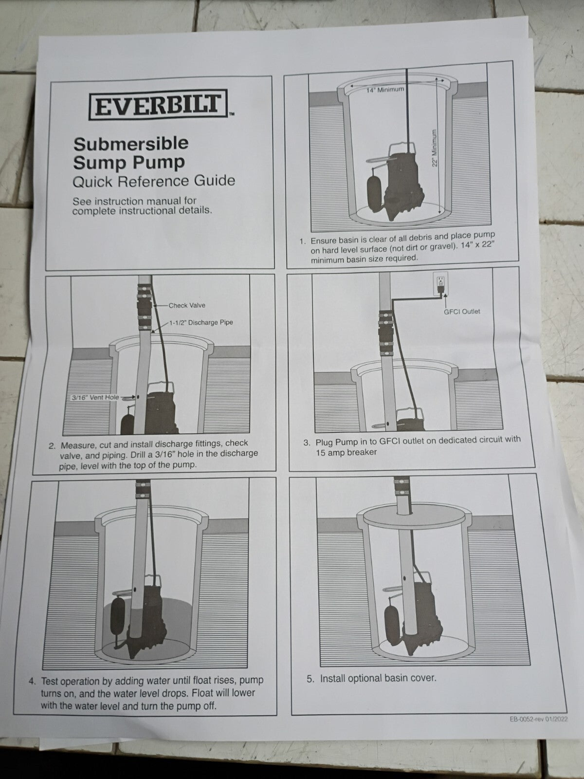 Everbilt HDS50 1/2 HP Cast Iron Sump Pump Model OPEN BOX.