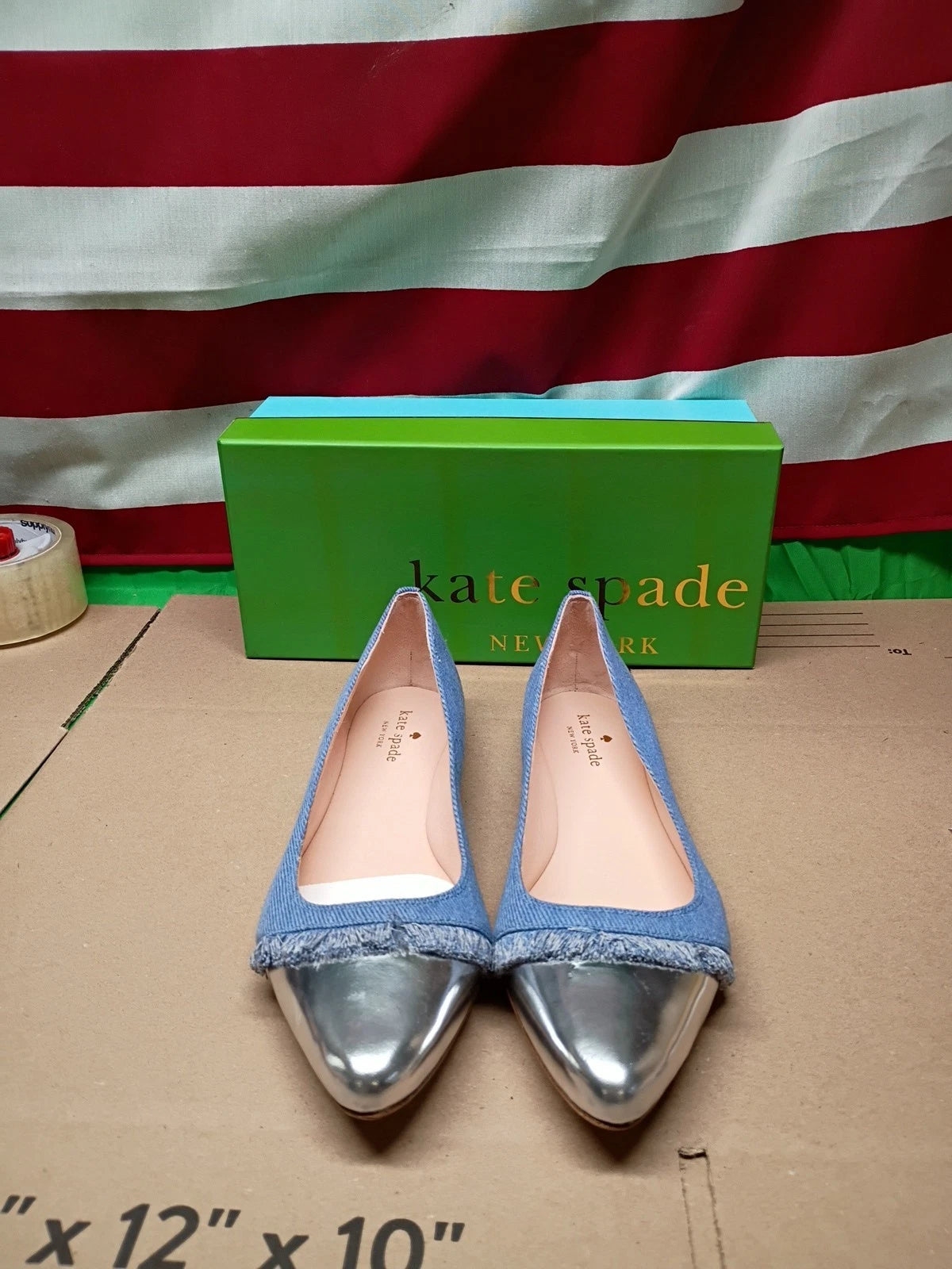 Kate Spade Nelly Denim Ballet Flats Silver Cap Toe Fringe Women 10M