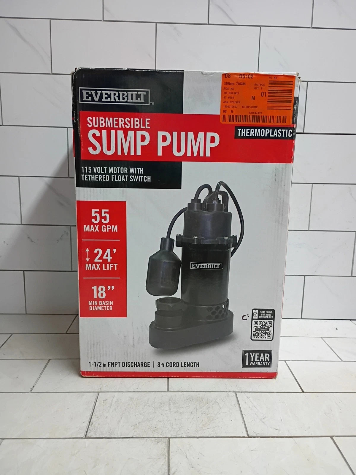 Everbilt HDSP33W 1/3 HP Aluminum Sump Pump Tether Switch Open Box