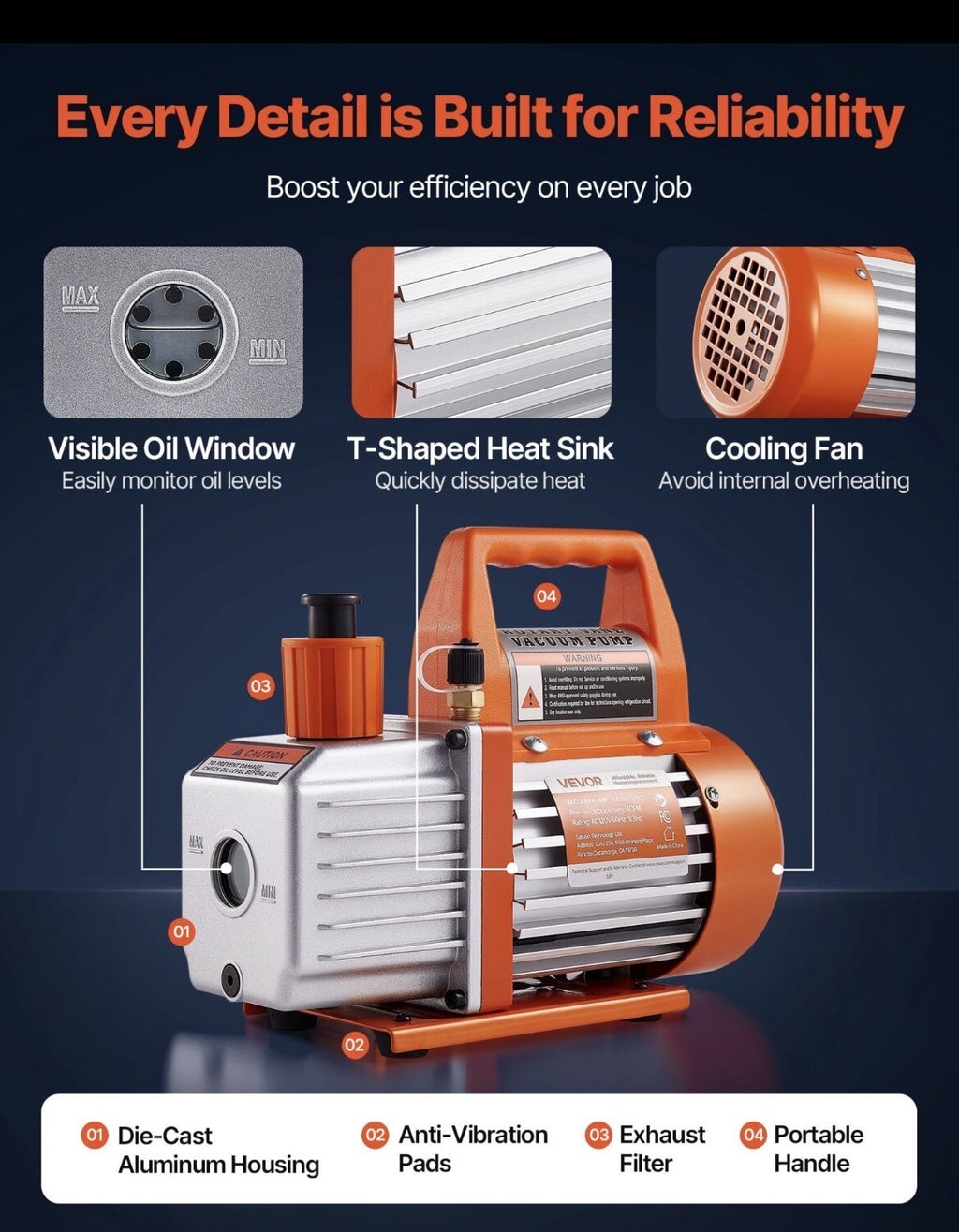 VEVOR VP135 4 CFM 1/3 HP HVAC Single Stage Rotary Vane Vacuum Pump