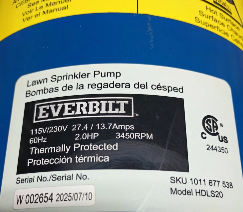 Everbilt Professional Irrigation Pump Cast Iron 2 HP Dual Voltage, HDLS20 PARTS