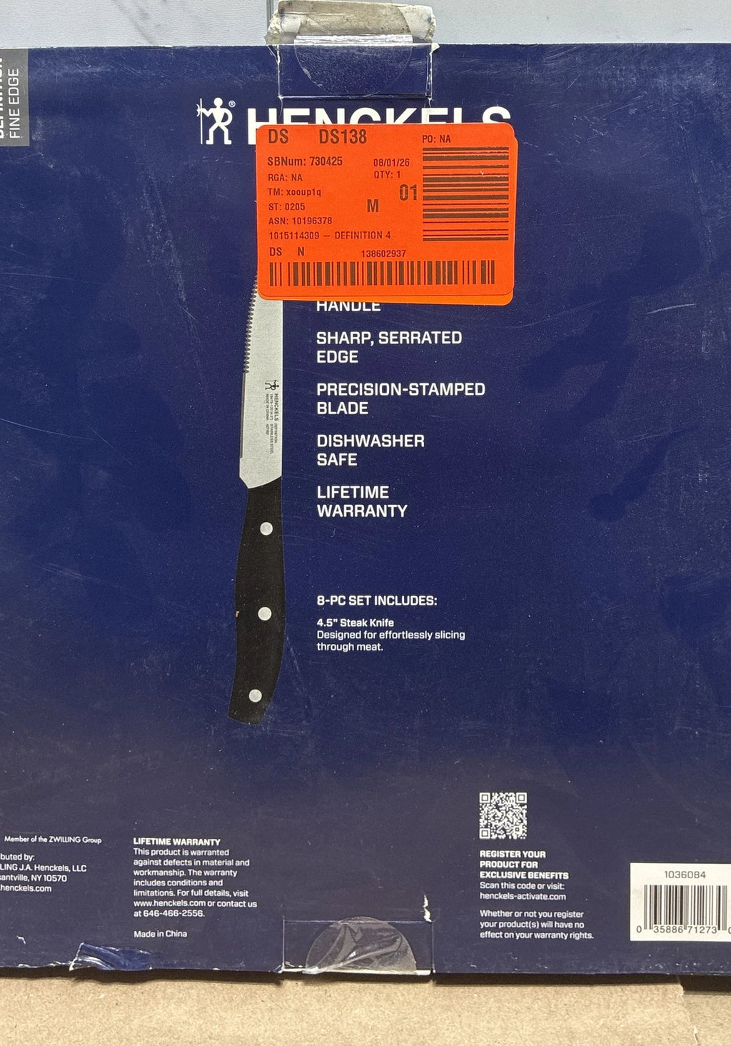 Henckels 8 Piece Steak Knife Set 4.5" Triple Rivet Stainless Steel Blade OB