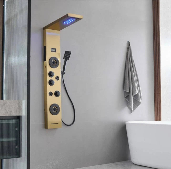 4Jet Rainfall Shower Panel System with Rainfall Waterfall Shower Head Black Gold