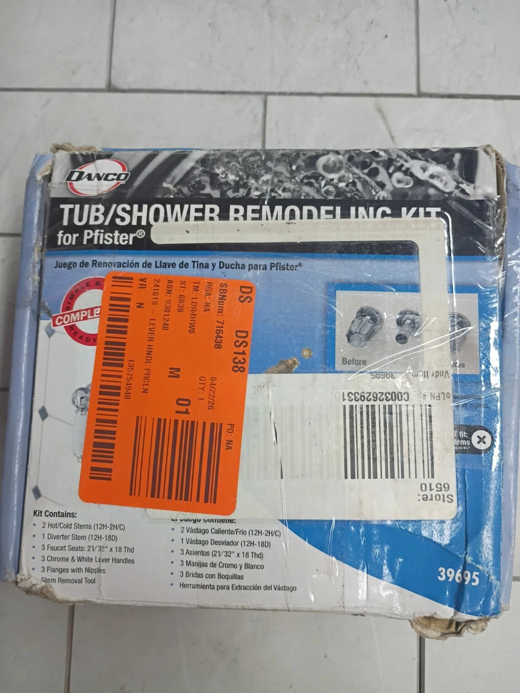 Danco 39695 Tub/Shower Remodeling Kit for Pfister Porcelain Lever Open Box