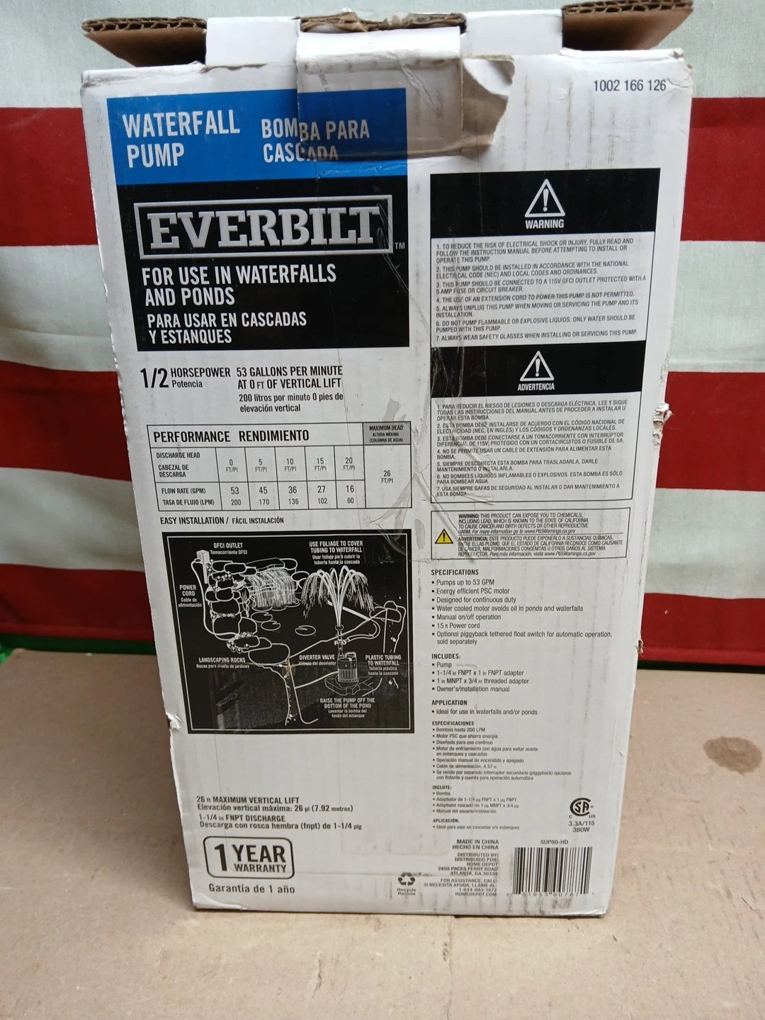 EVERBILT Waterfall & Pond Pump 1/2 HP 53 GPM 26 Ft Max Vertical Lift SUP80-HD. I