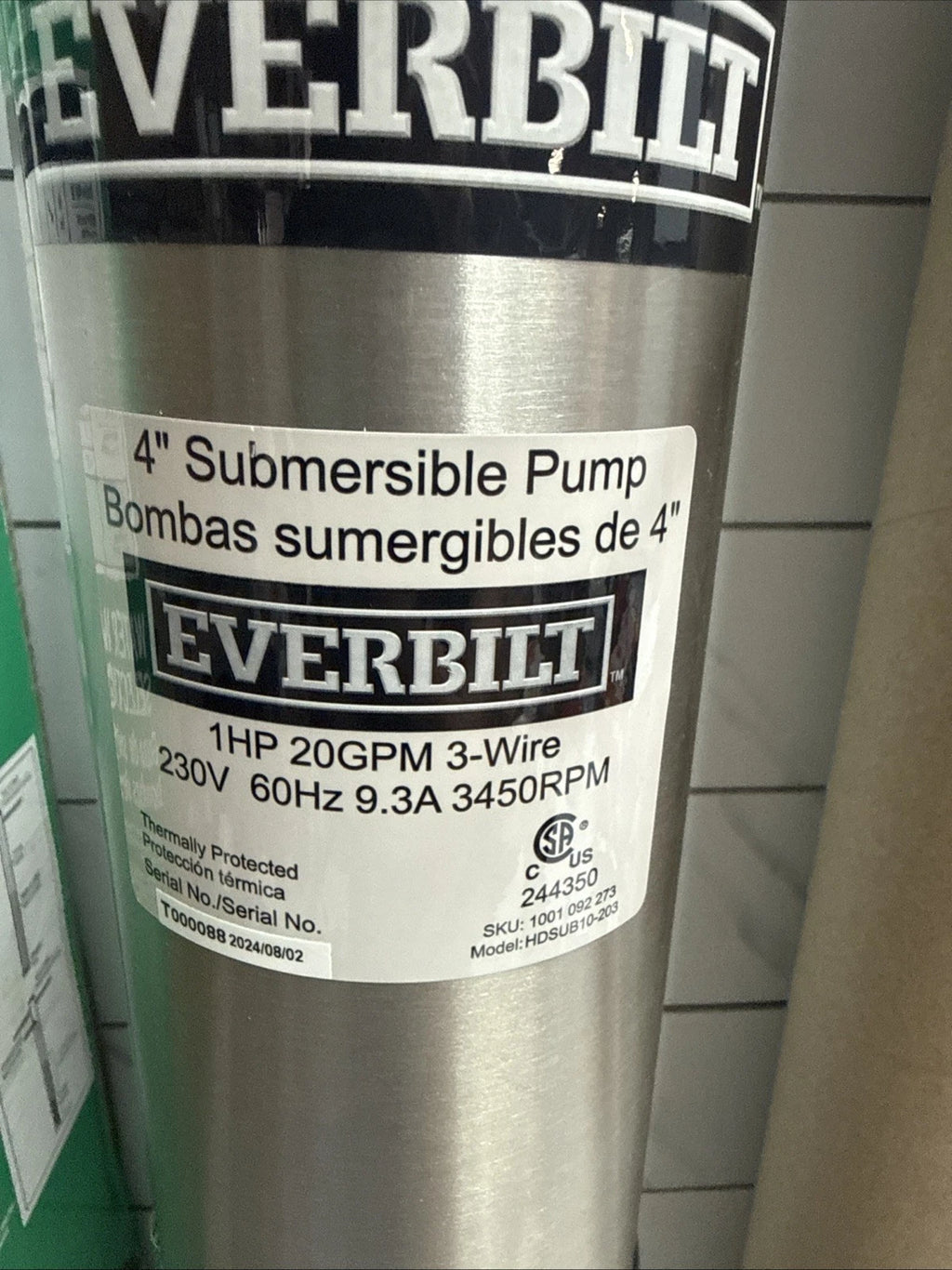 Everbilt 1HP Submersible 3-Wire 20GPM Deep Well Pump HDSUB10-203 NEW OPEN BOX