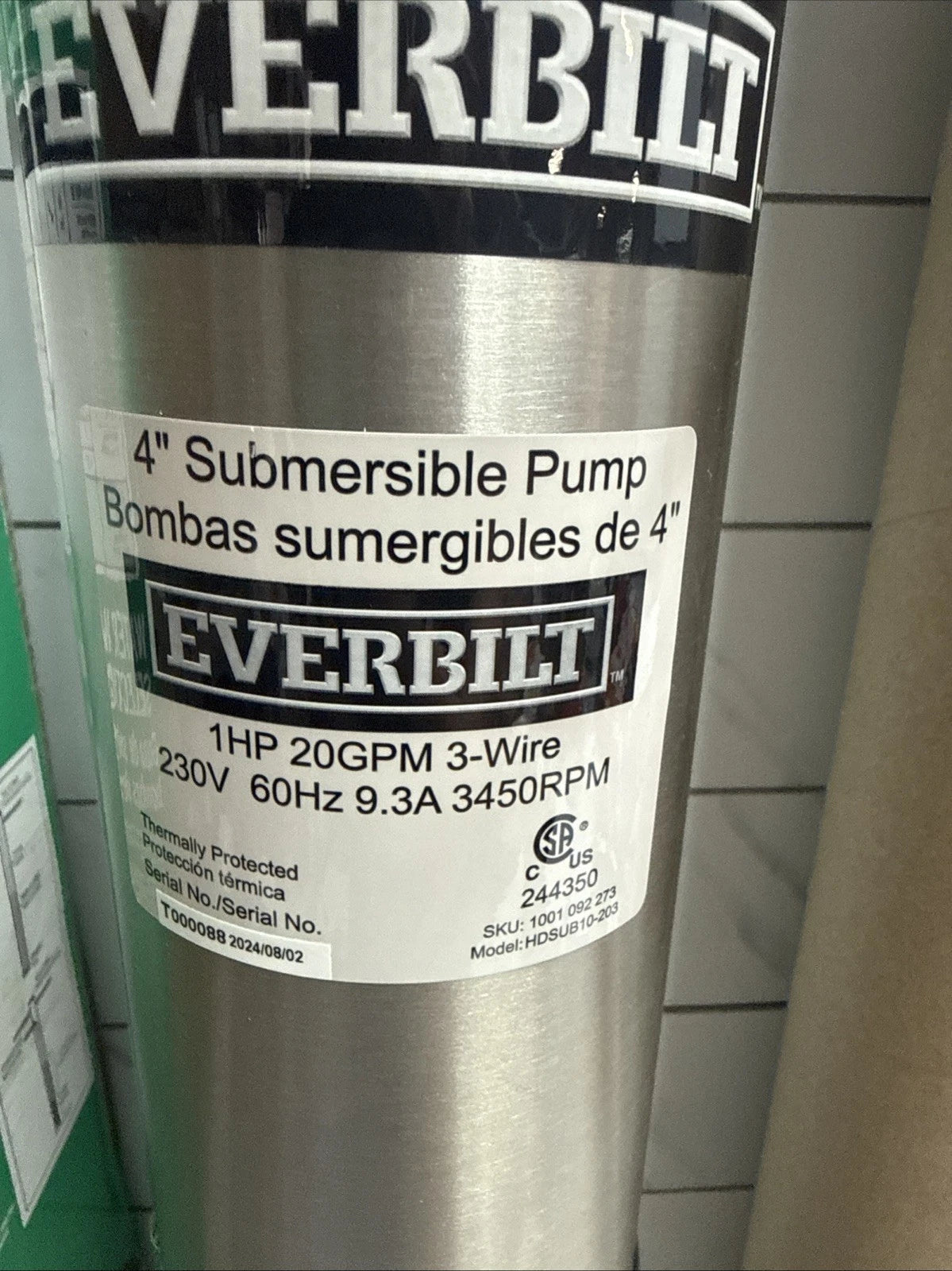 Everbilt 1HP Submersible 3-Wire 20GPM Deep Well Pump HDSUB10-203 NEW OPEN BOX