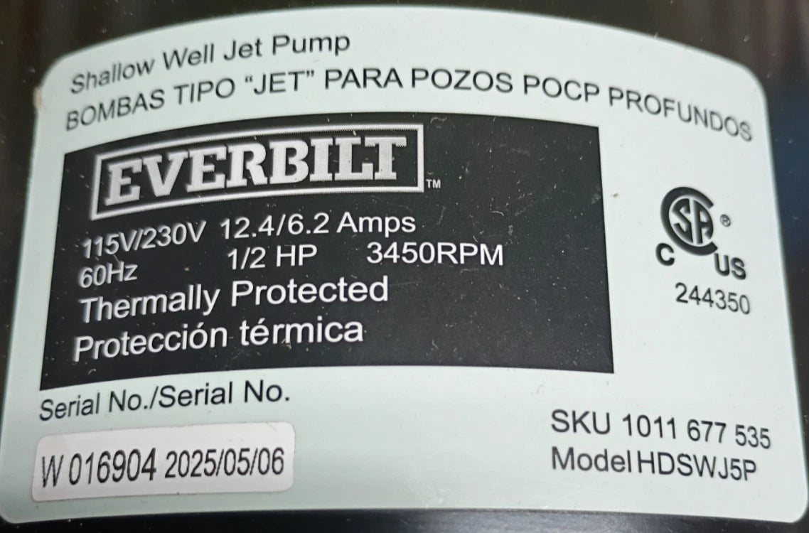 Everbilt 1/2 HP Thermoplastic Shallow Well Jet Pump 1011677535 Open Box