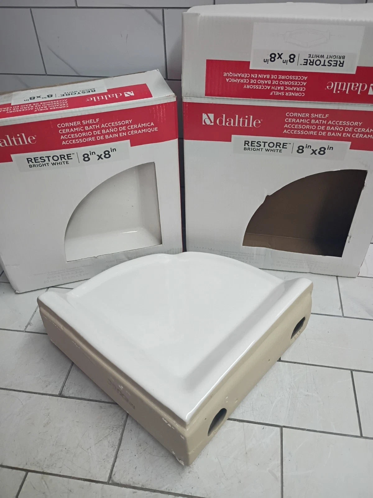 2pk Daltile Corner Shower Shelf Tile Wall Mount 8.5in Ceramic Bright White. OB