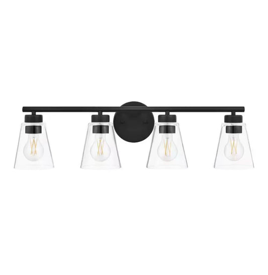 Hampton Bay Eastburn 28.13 in 4-Light Matte Black Vanity Light with Glass Shades
