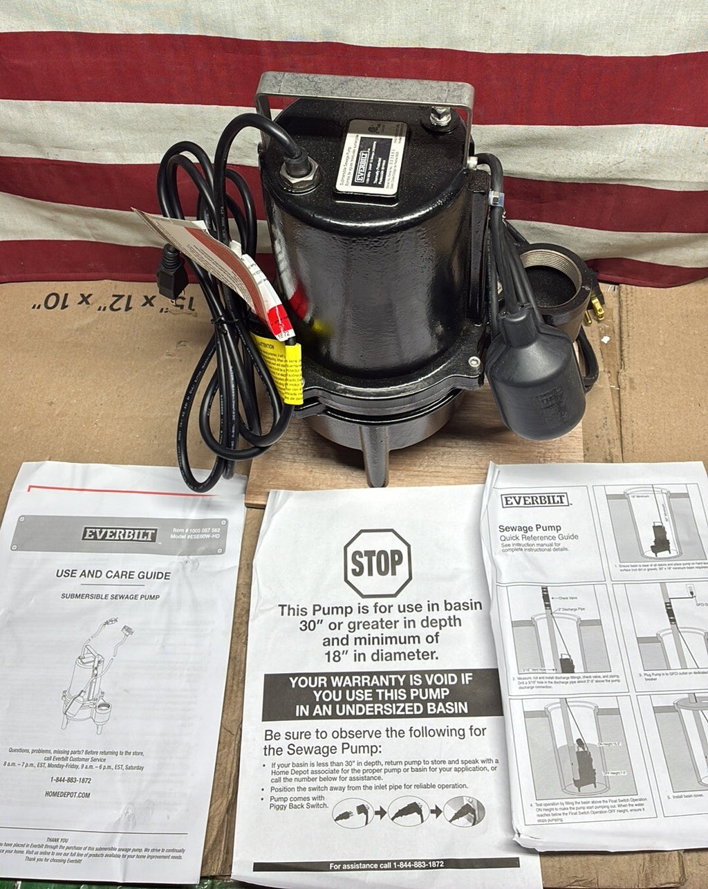 Everbilt ESE60W-HD 3/4 HP 8400 GPM Sewage Ejector Pump, Black