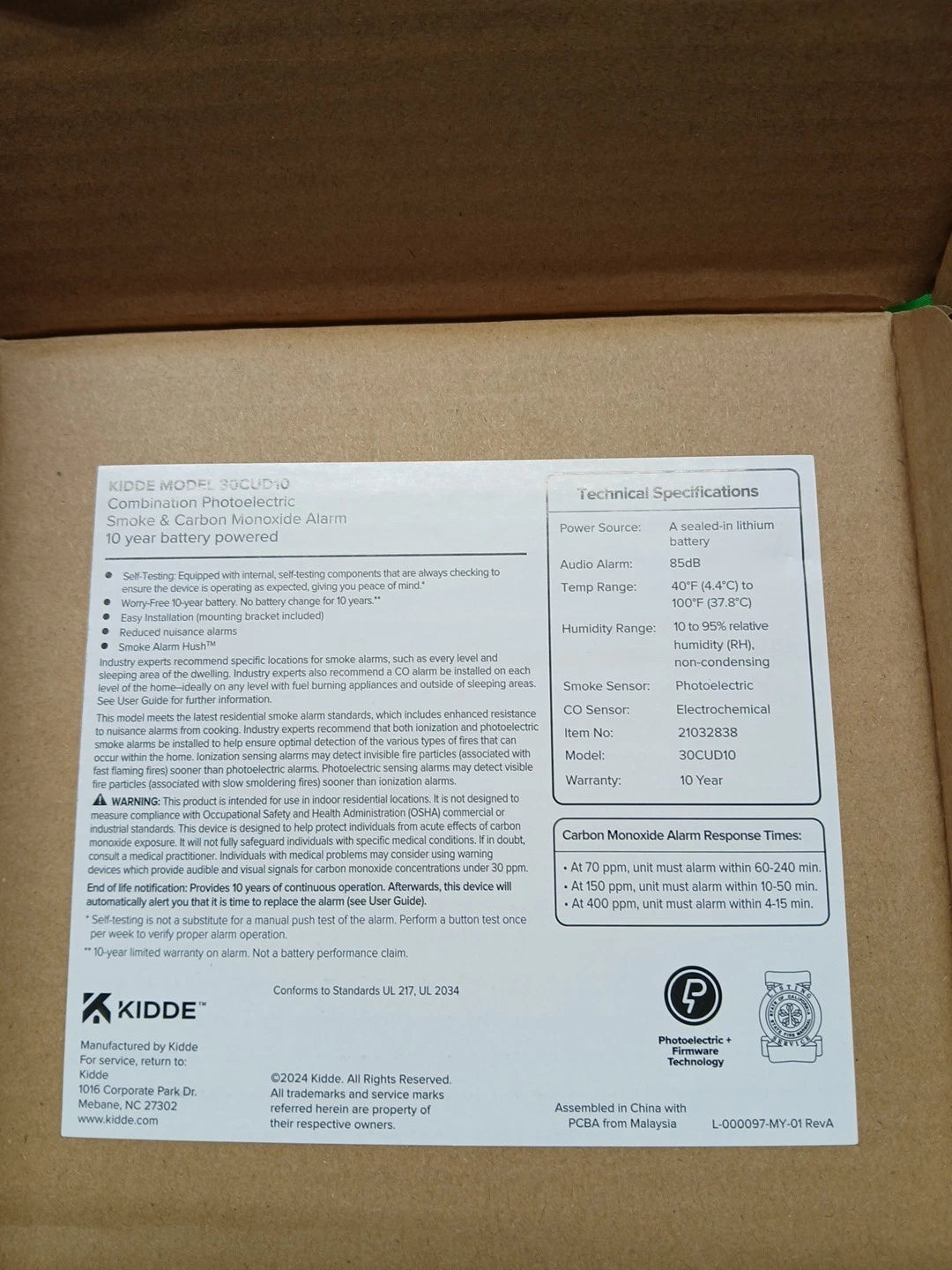 Kidde Smoke & CO Detector, 10-Year Battery, LED Warning Indicators 30CUD10$