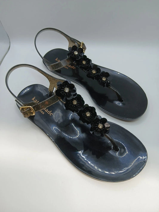Kate Spade Black Sandals Women Size 6 Thong Style With Flower Detail