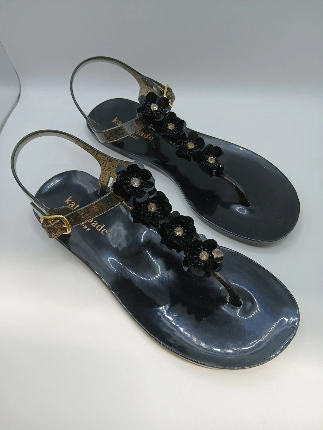 Kate Spade Black Sandals Women Size 6 Thong Style With Flower Detail