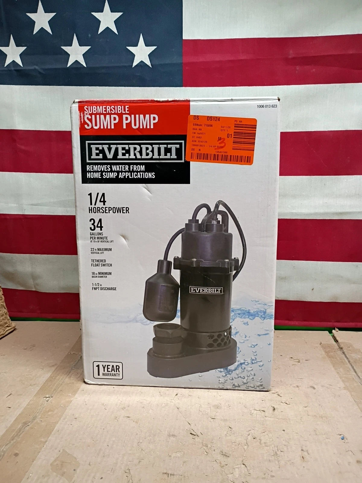 Everbilt HDSP2 1/4 HP Aluminum Sump Pump w/ Tether Float Switch OPEN BOX.