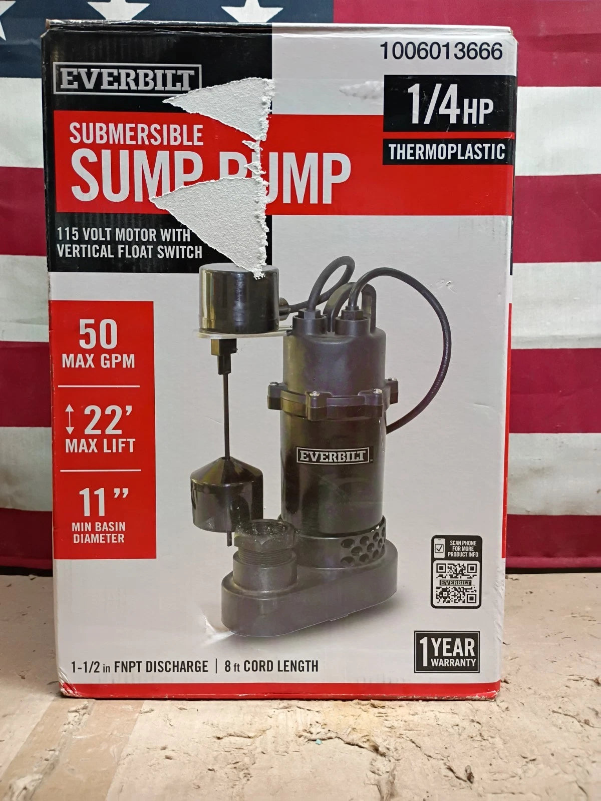 Everbilt HDSP25V 1/4 HP Submersible Sump Pump Thermoplastic, Open Box.