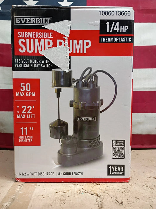 Everbilt HDSP25V 1/4 HP Submersible Sump Pump Thermoplastic, Open Box.