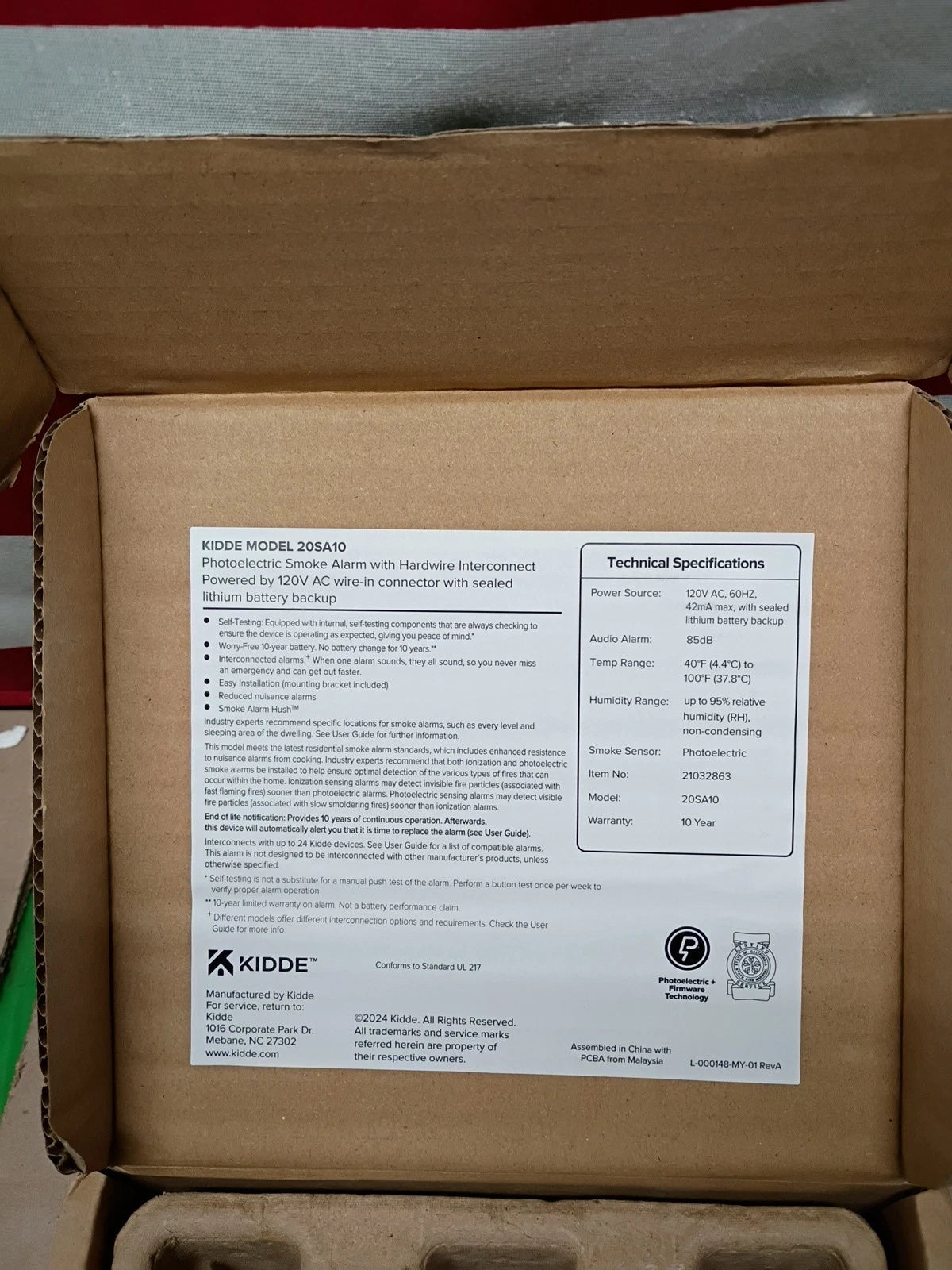 Kidde 20SA10 Hardwired Smoke Detector, 10-Year Battery, Interconnectable.
